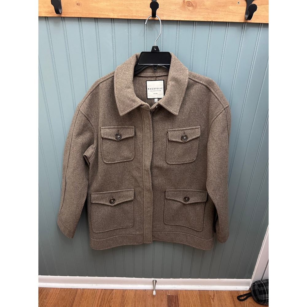 BAGATELLE COLLECTION Women Utility Jacket L Brown Wool Blend Pockets Button